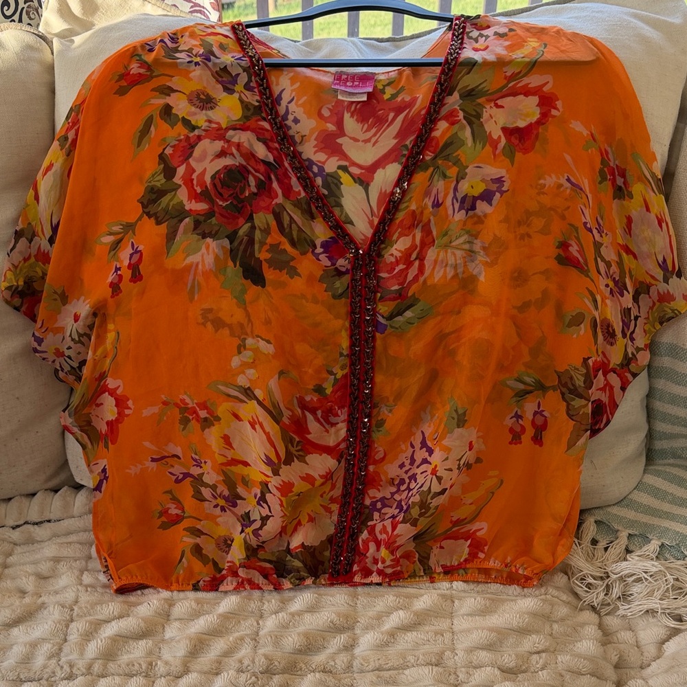 Free People Orange Floral Beaded V-Neck Blouse